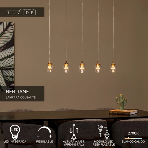 Lucide BERLIANE - Lámpara colgante - LED Regul. - 5x4W 2700K - Con módulo LED reemplazable - Transparente | Essential - USP